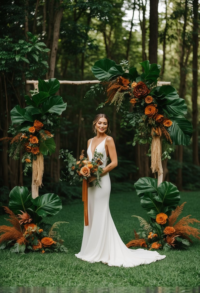 A lush forest with deep green foliage and pops of rust-colored flowers and accents, creating a warm and earthy boho wedding setting