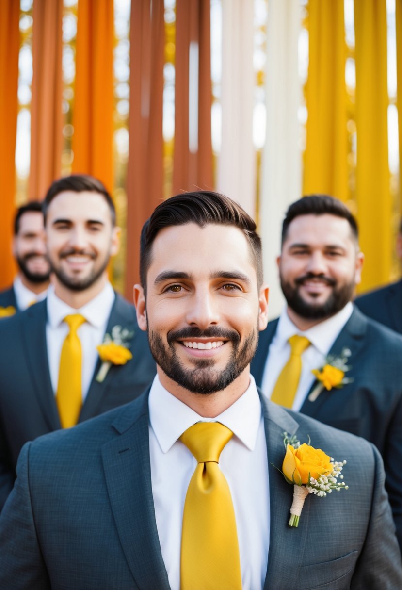 A group of groomsmen wearing mustard yellow ties against a backdrop of rust orange and yellow wedding decor