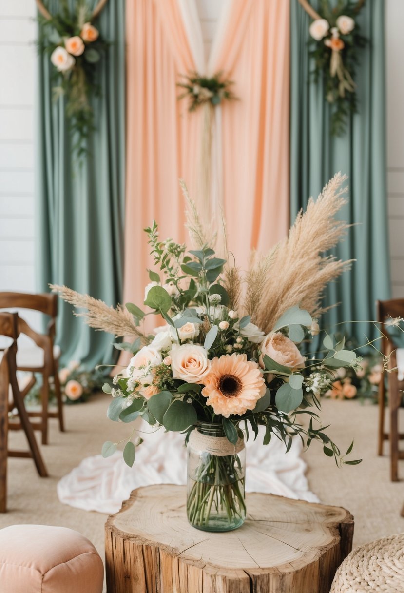 A rustic boho wedding scene with sage green and peach decor, featuring wildflowers, wooden accents, and soft, flowing fabrics