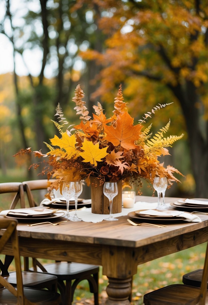 A rustic wooden table adorned with a centerpiece of autumn leaves in shades of rust orange and yellow, creating a warm and inviting wedding atmosphere