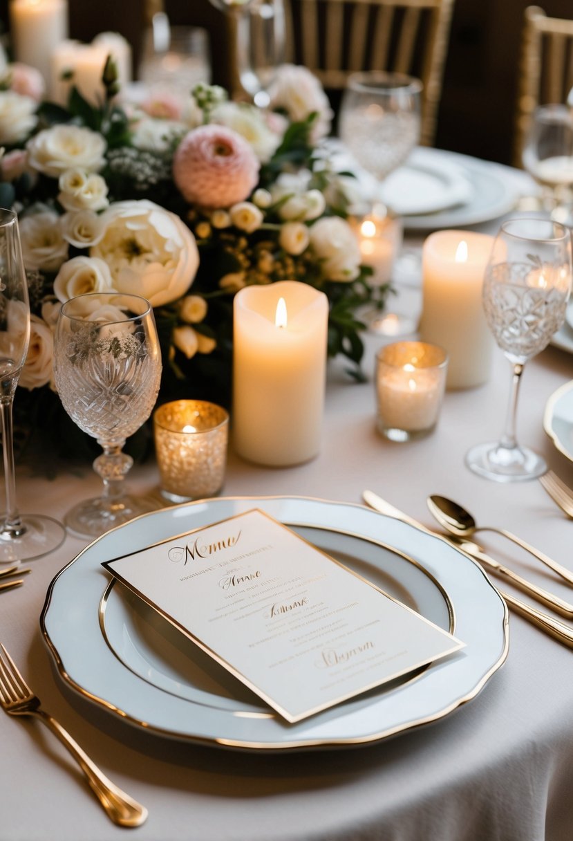 A lavish table setting with custom engraved menu cards, surrounded by elegant floral centerpieces and soft candlelight