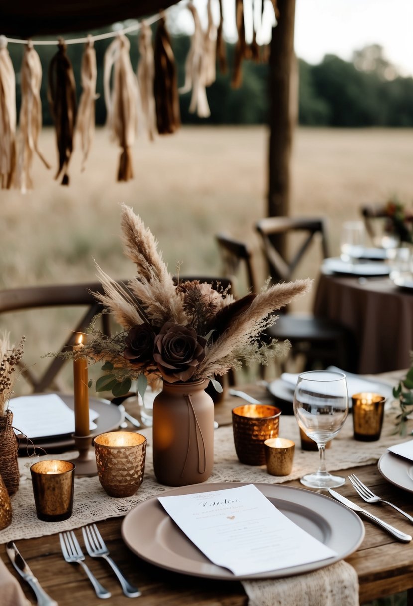 A rustic boho wedding scene with taupe and chocolate decor, featuring earthy tones and natural textures