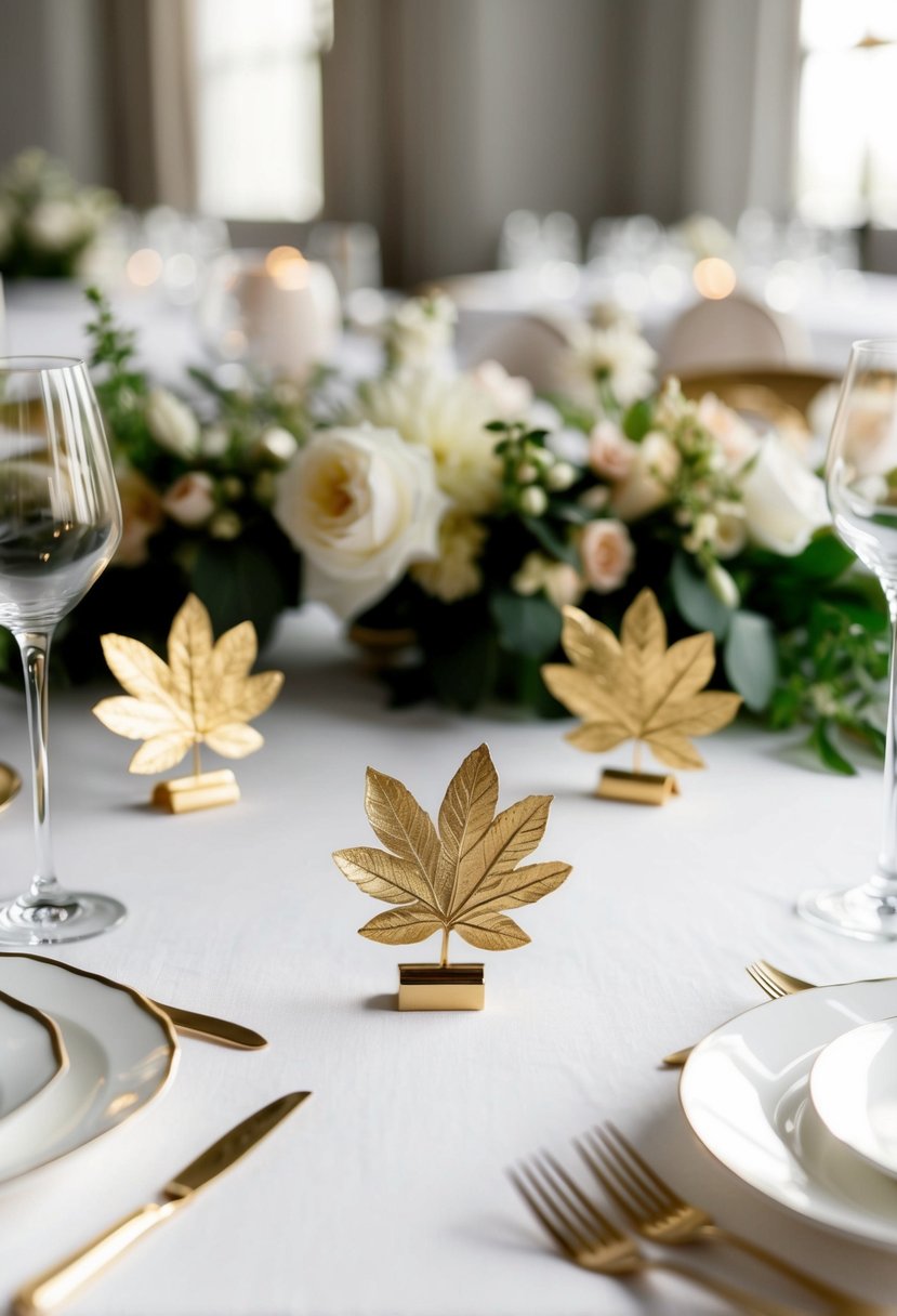 Gold leaf place card holders arranged on a white linen tablecloth with elegant dinnerware and floral centerpieces