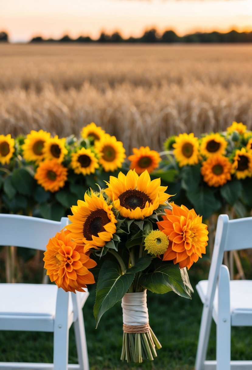 A rustic outdoor wedding ceremony with sunflowers and orange dahlias against a backdrop of golden wheat fields and a warm sunset