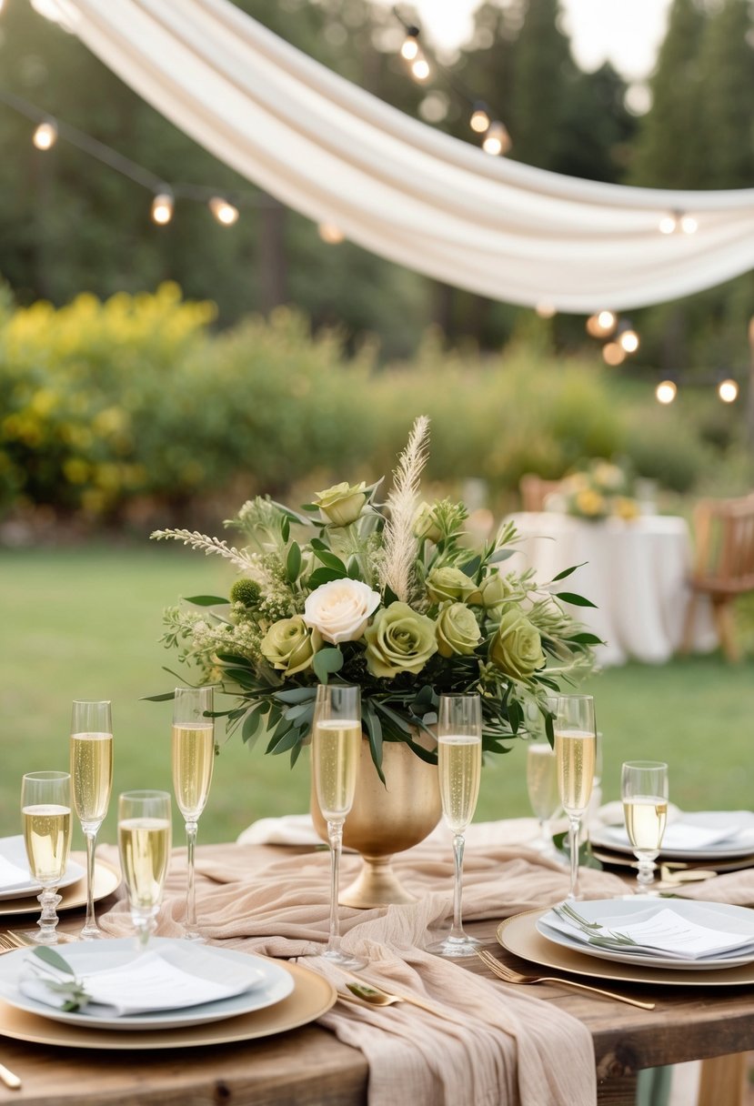 A table set with champagne and olive-hued flowers, draped in rustic linens, under a boho-style canopy