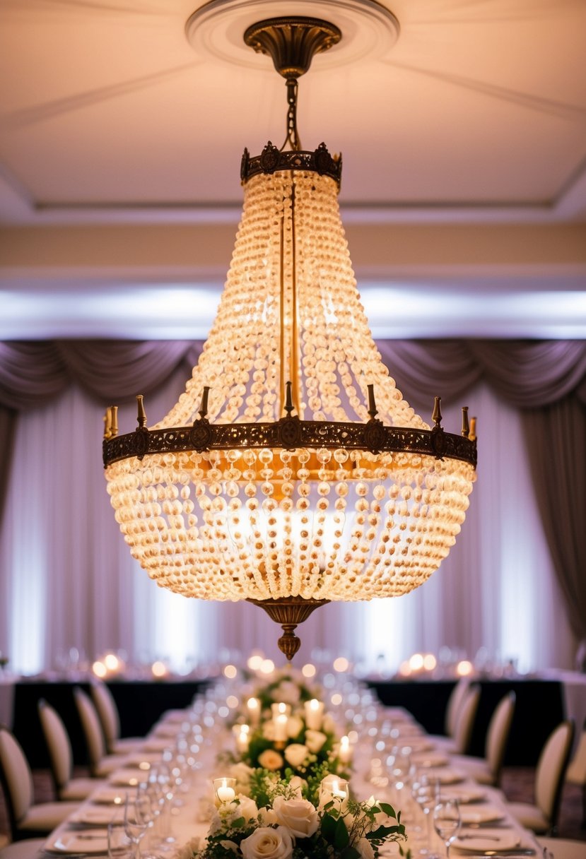 A vintage beaded chandelier hangs above a grand wedding table, casting a soft, romantic glow over the luxurious centerpiece