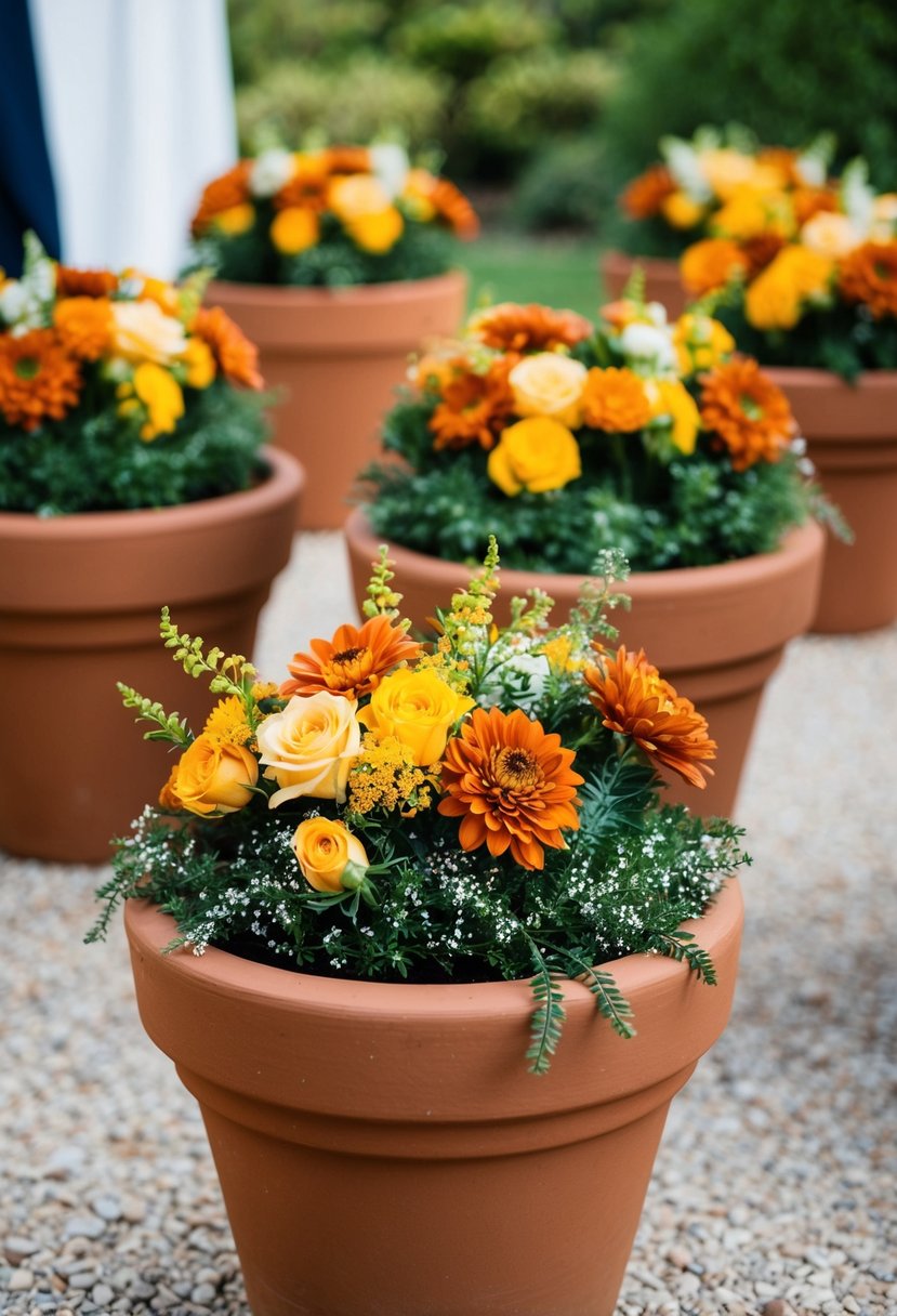 Terracotta planters arranged with rust orange and yellow florals for a wedding