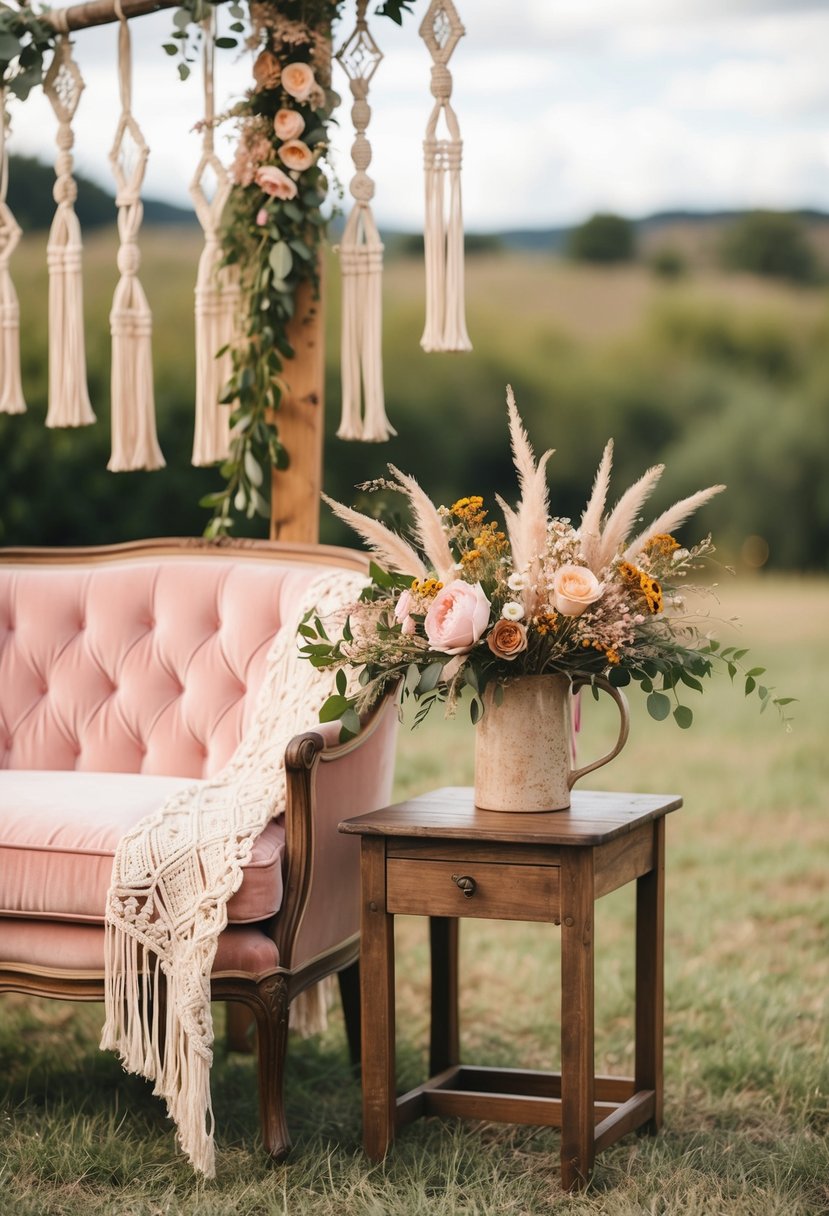 A rustic boho wedding scene with blush pink and earthy brown decor, featuring wildflowers, macrame accents, and vintage wooden furniture