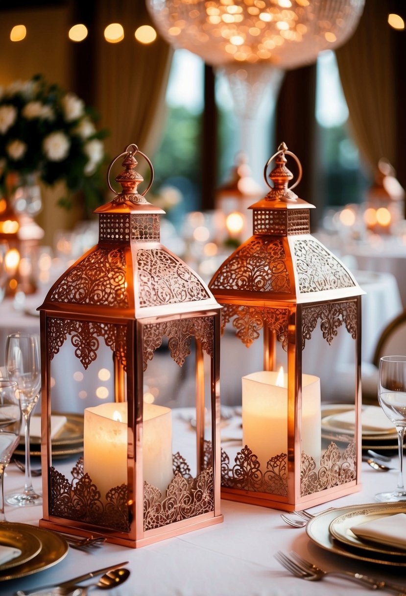 Copper lanterns with intricate filigree details adorn a lavish wedding table