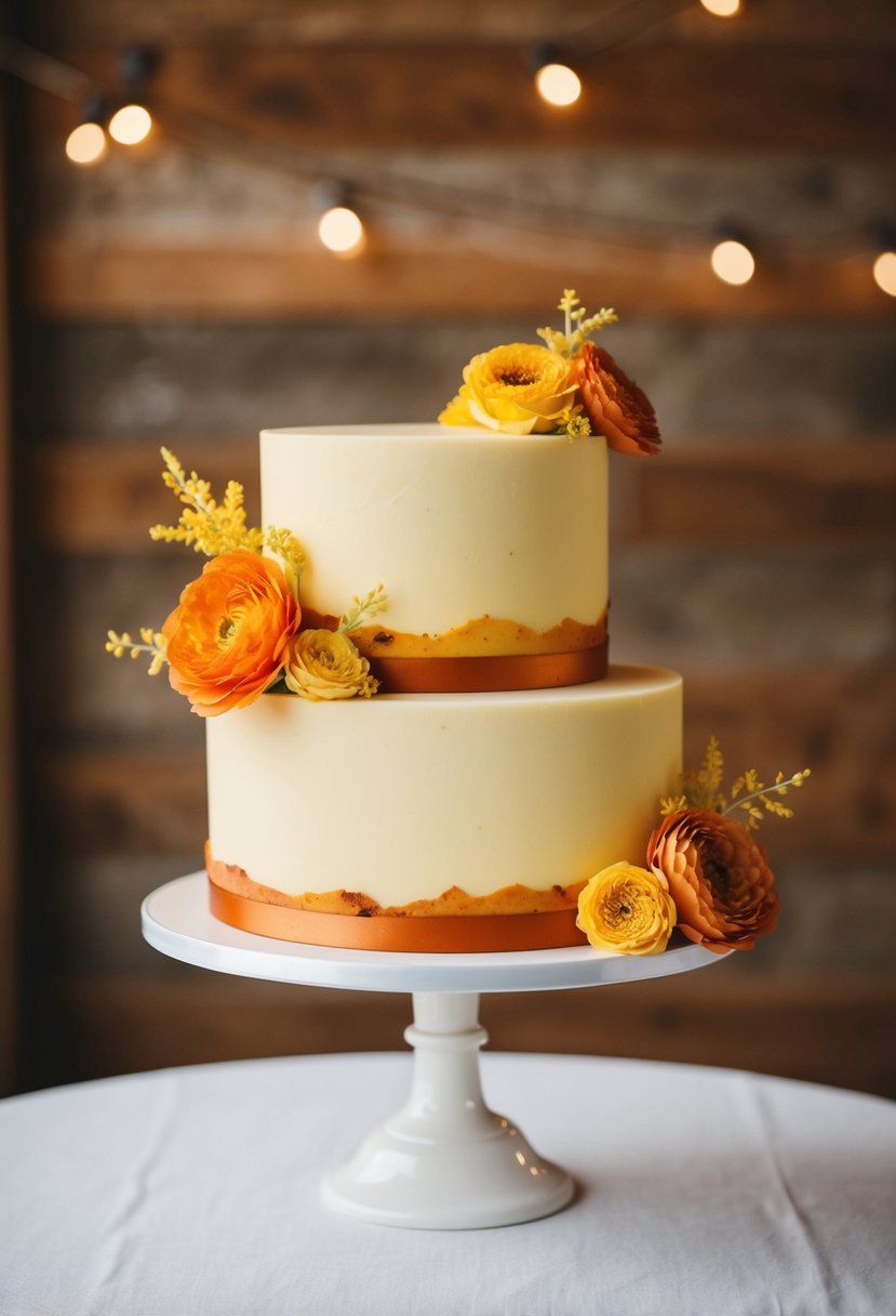 A yellow wedding cake adorned with rust orange and yellow details