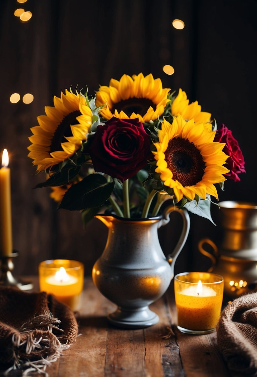 Sunflowers and deep red roses in a vintage vase on a wooden table, surrounded by earthy textiles and golden candlelight