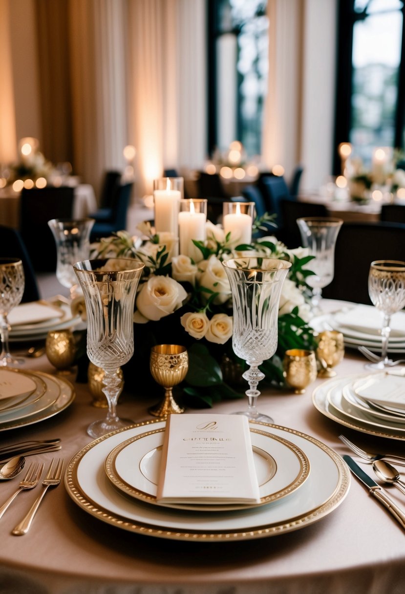 An opulent table setting featuring Art Deco-inspired glassware and luxurious wedding decor