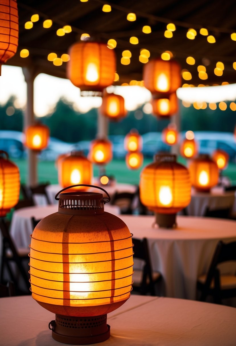 Rust-colored lanterns illuminate the wedding venue, casting a warm glow in shades of orange and yellow