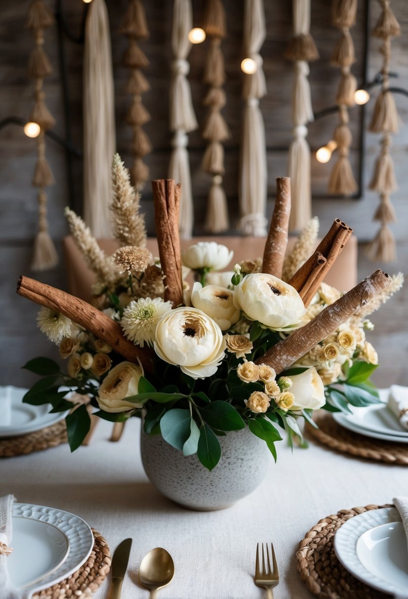 A table adorned with cinnamon and cream-colored flowers, set against a backdrop of rustic boho decor