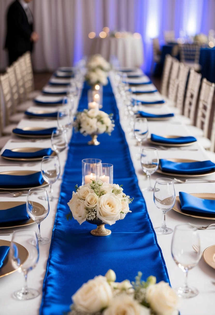 A royal blue satin table runner drapes elegantly across a long banquet table, adding a touch of luxury to the wedding decor