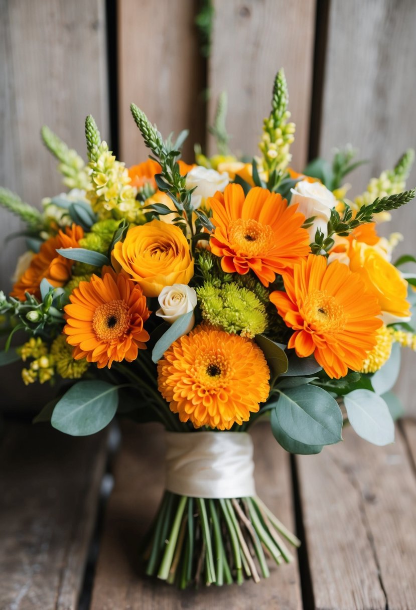 A wedding bouquet featuring vibrant orange and yellow flowers, arranged in a rustic and elegant style