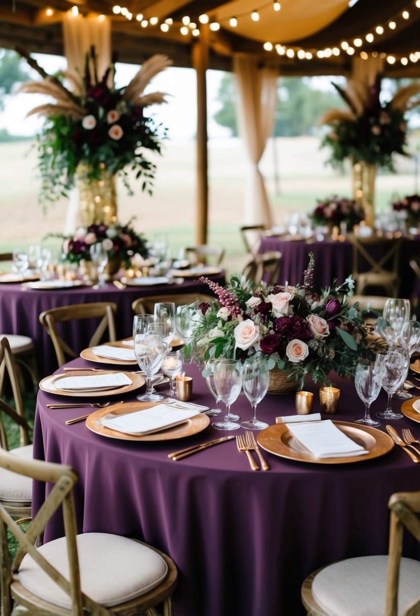 A rustic boho wedding scene with plum and gold decor, featuring elegant table settings and lush floral arrangements