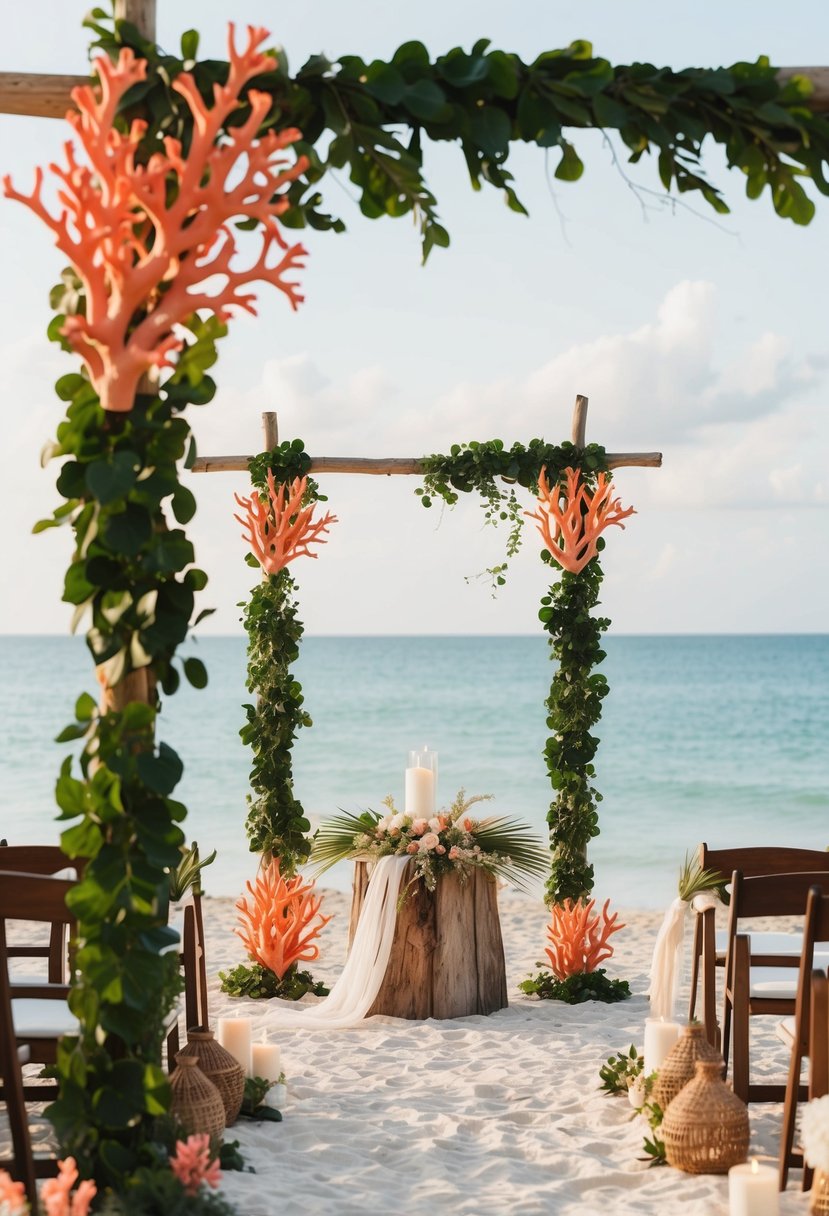 A serene beach setting with emerald green foliage and vibrant coral accents, featuring rustic boho decor and a wedding altar adorned with natural elements