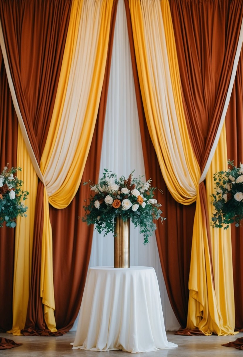 A grand ceremony backdrop with flowing rust and yellow drapes