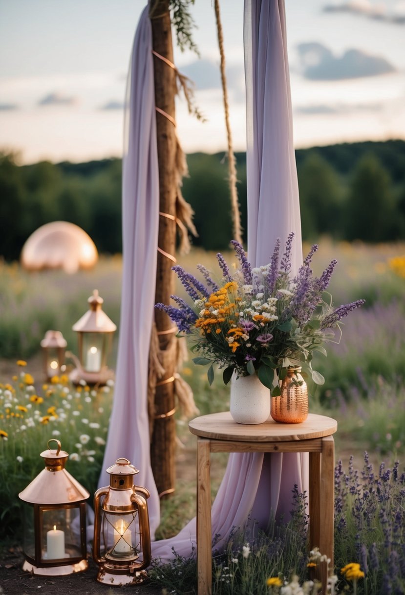 A rustic boho wedding scene with copper and lavender accents: a whimsical outdoor setting with draped fabric, wildflowers, and vintage lanterns