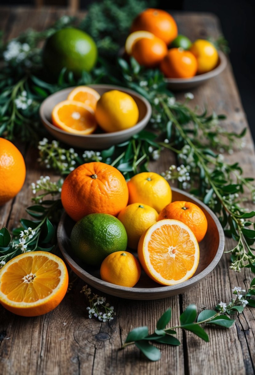 A rustic wooden table adorned with vibrant orange and yellow citrus fruits, surrounded by greenery and small white flowers