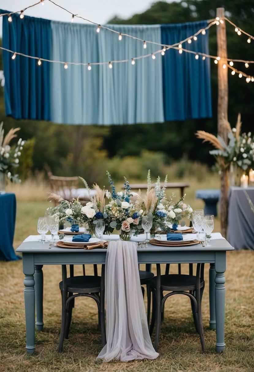 A rustic boho wedding scene with slate blue and stone grey decor, featuring vintage furniture, wildflower arrangements, and twinkling string lights