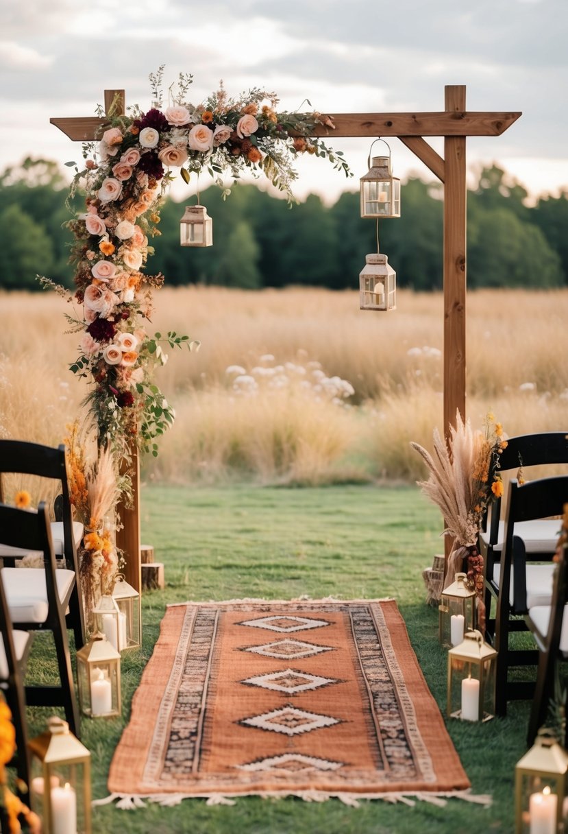 A rustic boho wedding scene with burnt sienna and blush color palette, featuring a wooden arch adorned with wildflowers, vintage rugs, and hanging lanterns