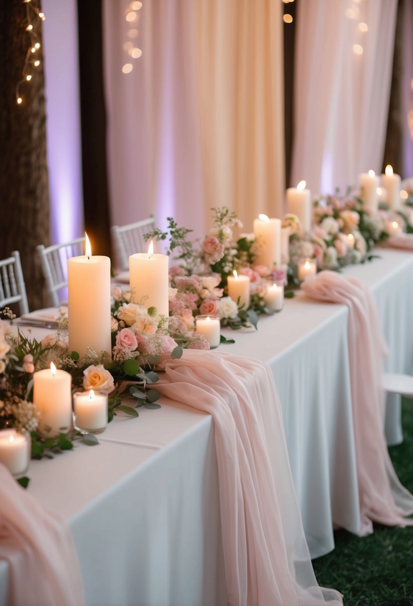 A table adorned with floating candles, delicate flowers, and gauzy fabric draping in soft pastel hues, creating an ethereal wedding ambiance