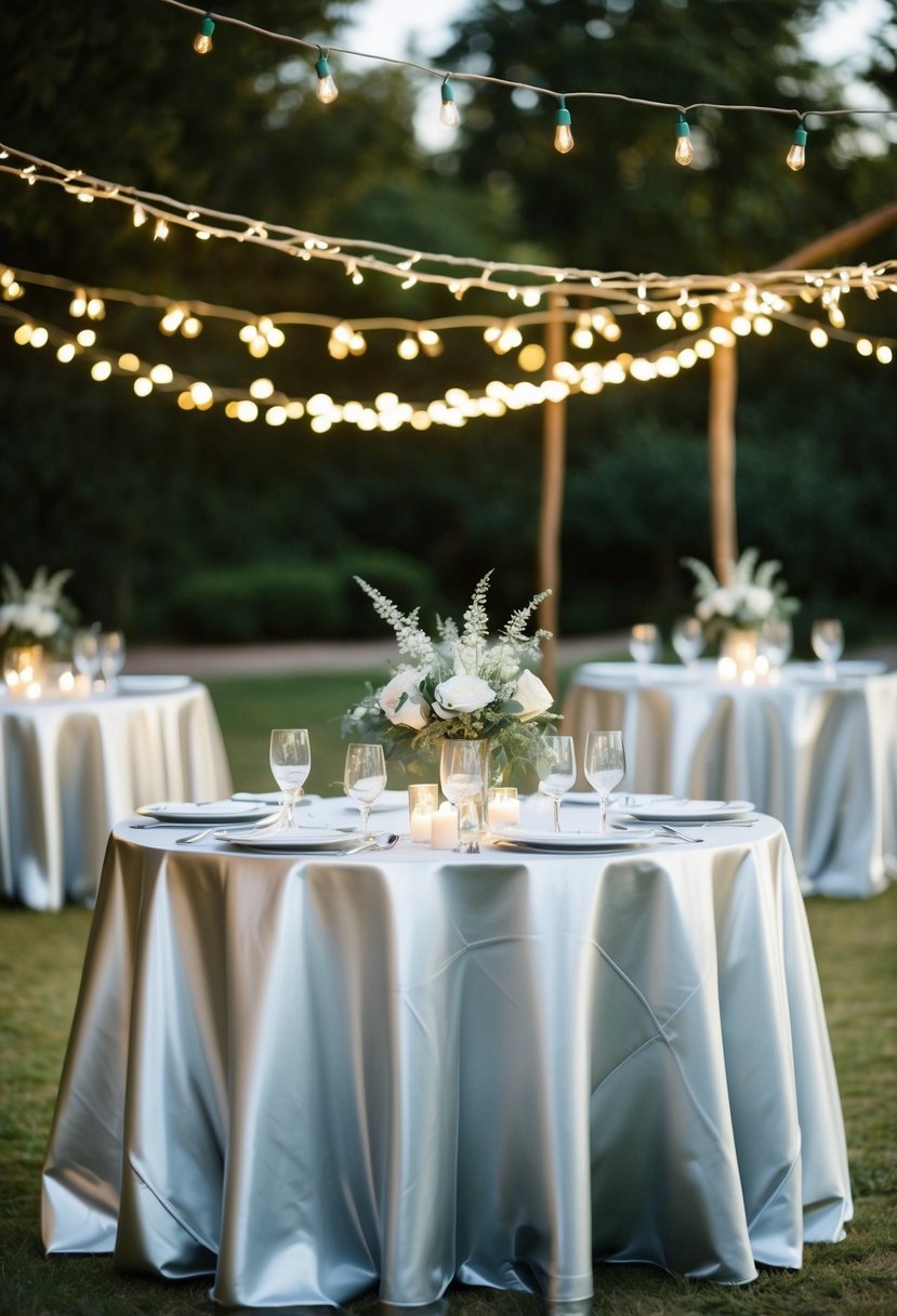 A silvery tablecloth glimmers under twinkling fairy lights, creating an ethereal wedding table decoration