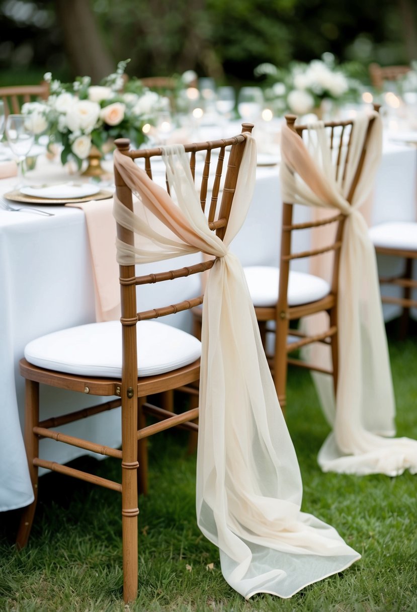 Wooden chairs draped with gauzy fabric create an ethereal wedding table setting