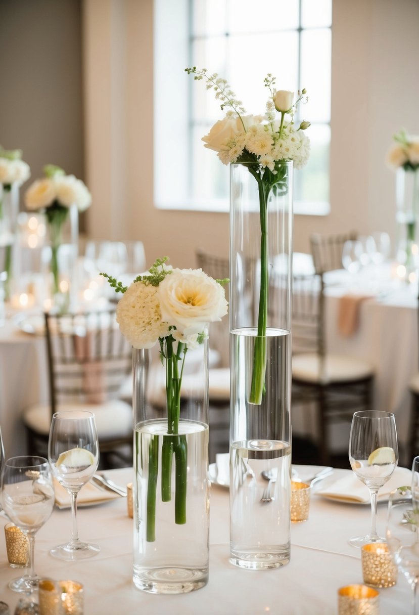 Clear vases hold floating floral centerpieces, creating ethereal wedding table decorations