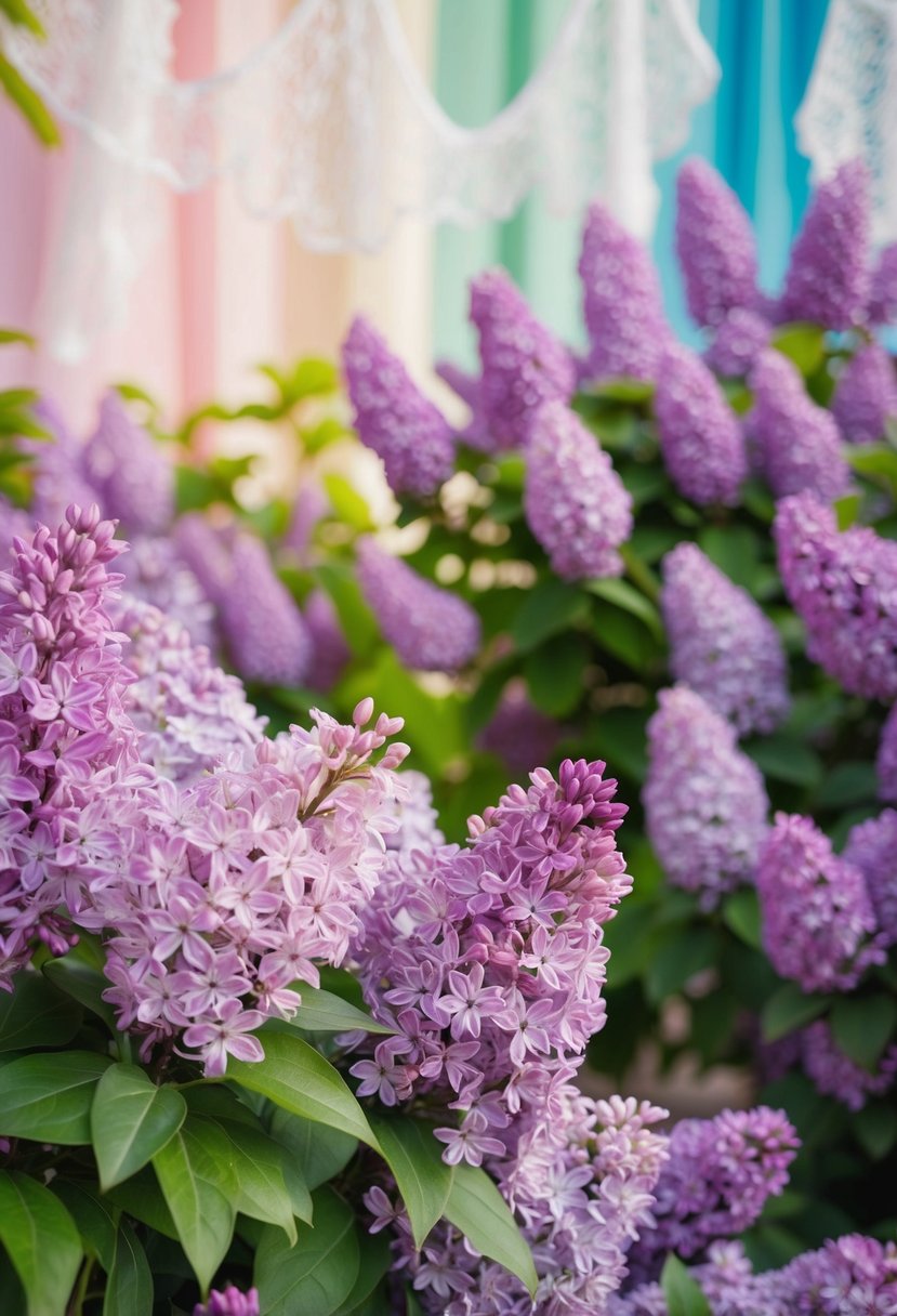 A garden filled with blooming lilac flowers, set against a backdrop of soft pastel colors and delicate lace details