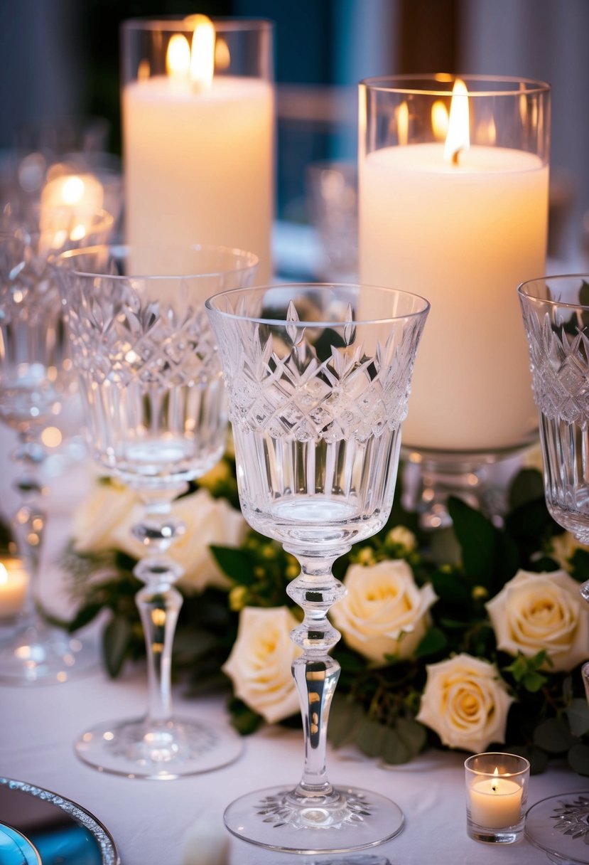 A table adorned with crystal goblets, reflecting soft candlelight, creating an ethereal and glamorous wedding ambiance