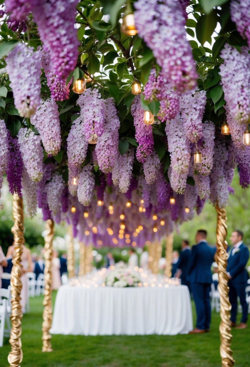 A lush garden filled with blooming lilac flowers and shimmering gold accents adorning a wedding ceremony and reception