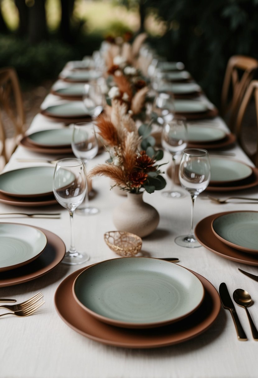 Ethereal wedding table adorned with soft earth-toned handmade ceramic plates