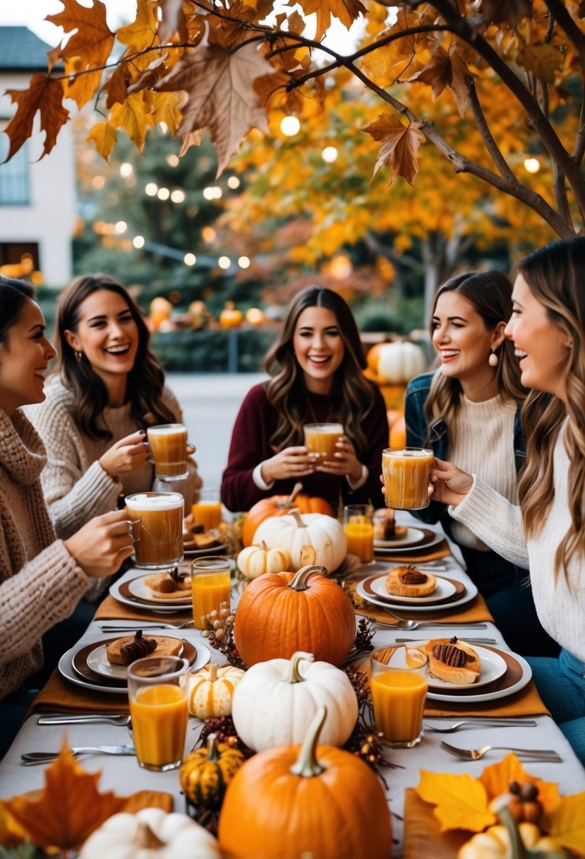 A cozy outdoor brunch with autumn leaves, pumpkins, and warm drinks. A table set with fall-themed decor and a group of friends laughing and enjoying the festive atmosphere