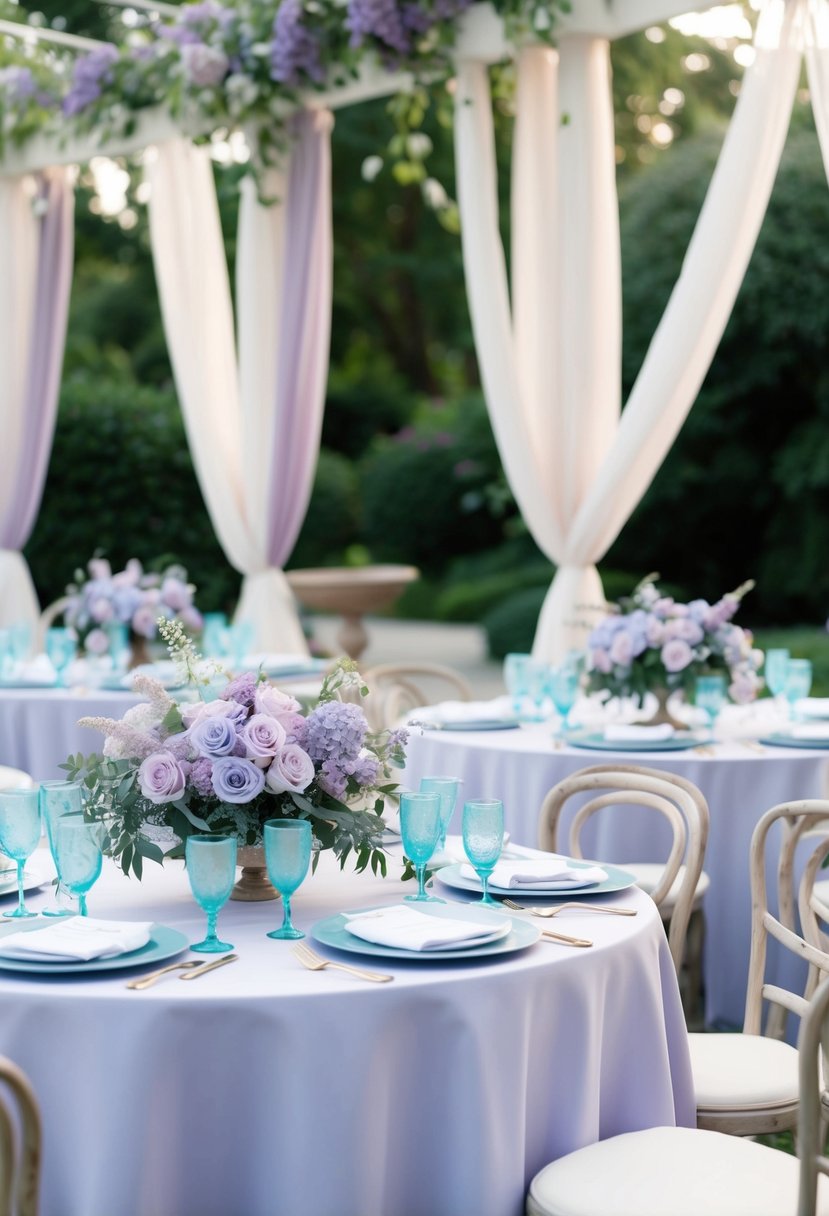 A serene garden wedding with pastel lilac and blue flowers, soft fabric draping, and delicate table settings in lilac and blue hues