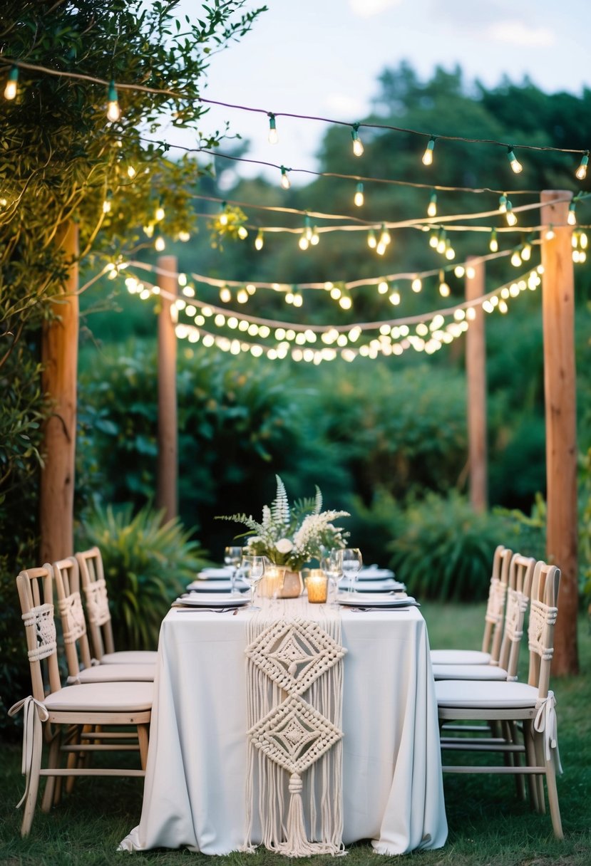 A whimsical outdoor wedding table adorned with delicate macramé table runners, surrounded by twinkling fairy lights and lush greenery