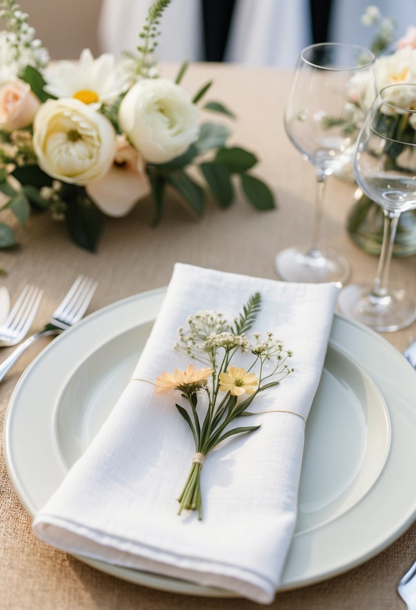 White linen napkins adorned with delicate pressed flowers arranged on a wedding reception table