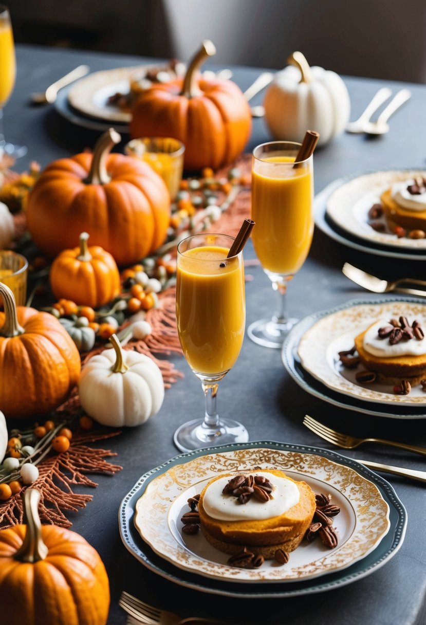 A table set with fall-themed decor, pumpkin spice mimosas in elegant glasses, and brunch dishes displayed on decorative platters