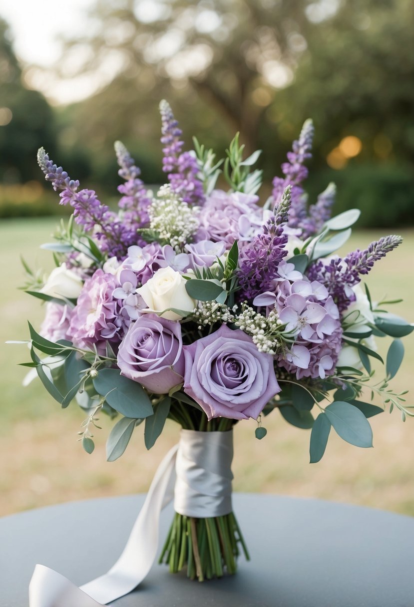 A beautiful wedding bouquet featuring lilac and lavender flowers, accented with silver ribbons and delicate greenery