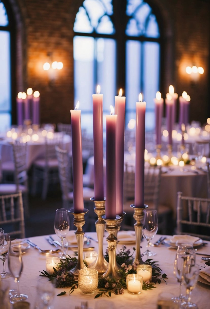 Tall lavender candlesticks illuminate an ethereal wedding table