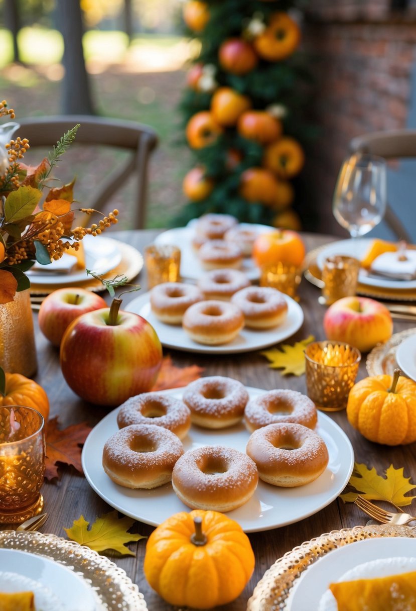 A table set with apple cider donuts, fall foliage, and festive decor for a bachelorette party brunch