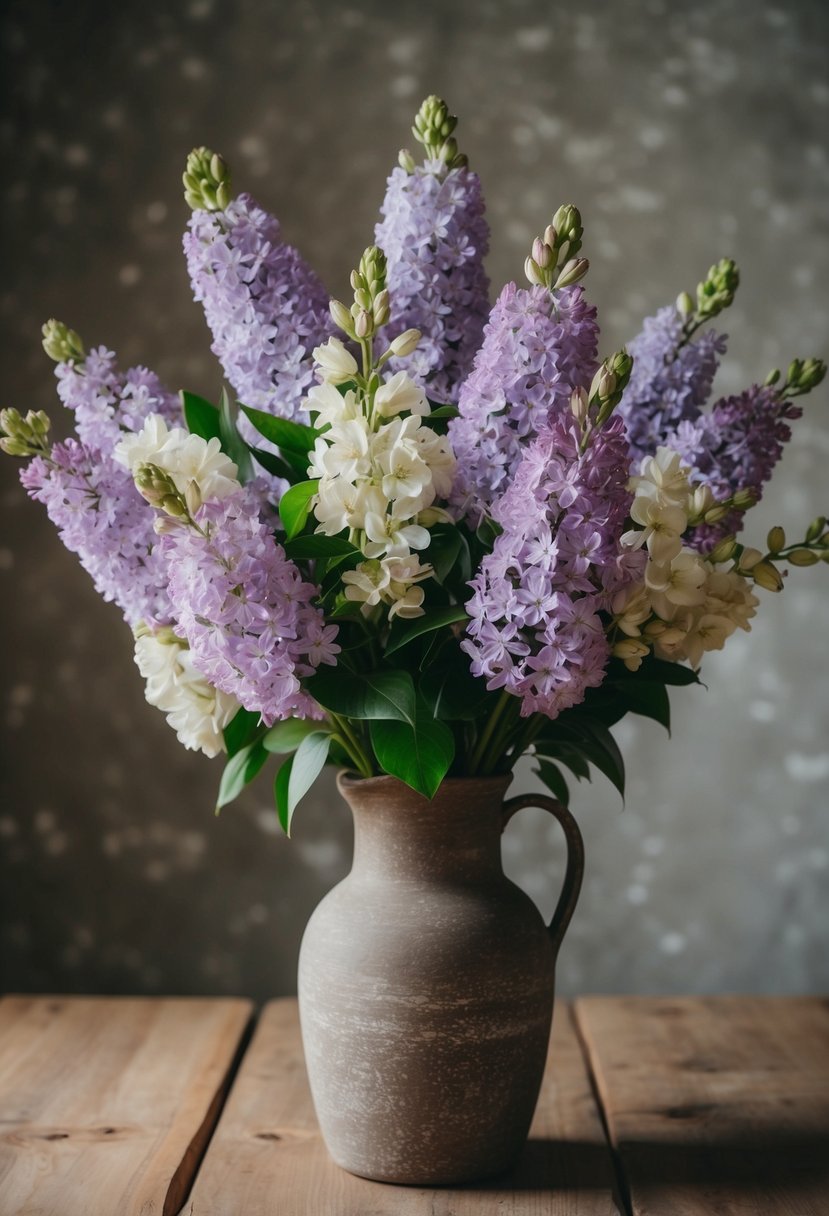 A bouquet of lilac flowers with off-white accents in a rustic vase on a wooden table