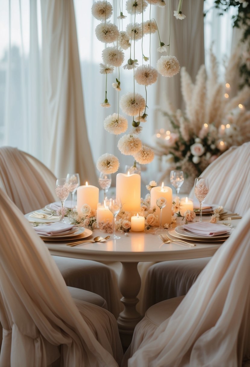 A table adorned with delicate, floating flowers and glowing candles, surrounded by soft, billowing fabrics in a dreamy, ethereal setting