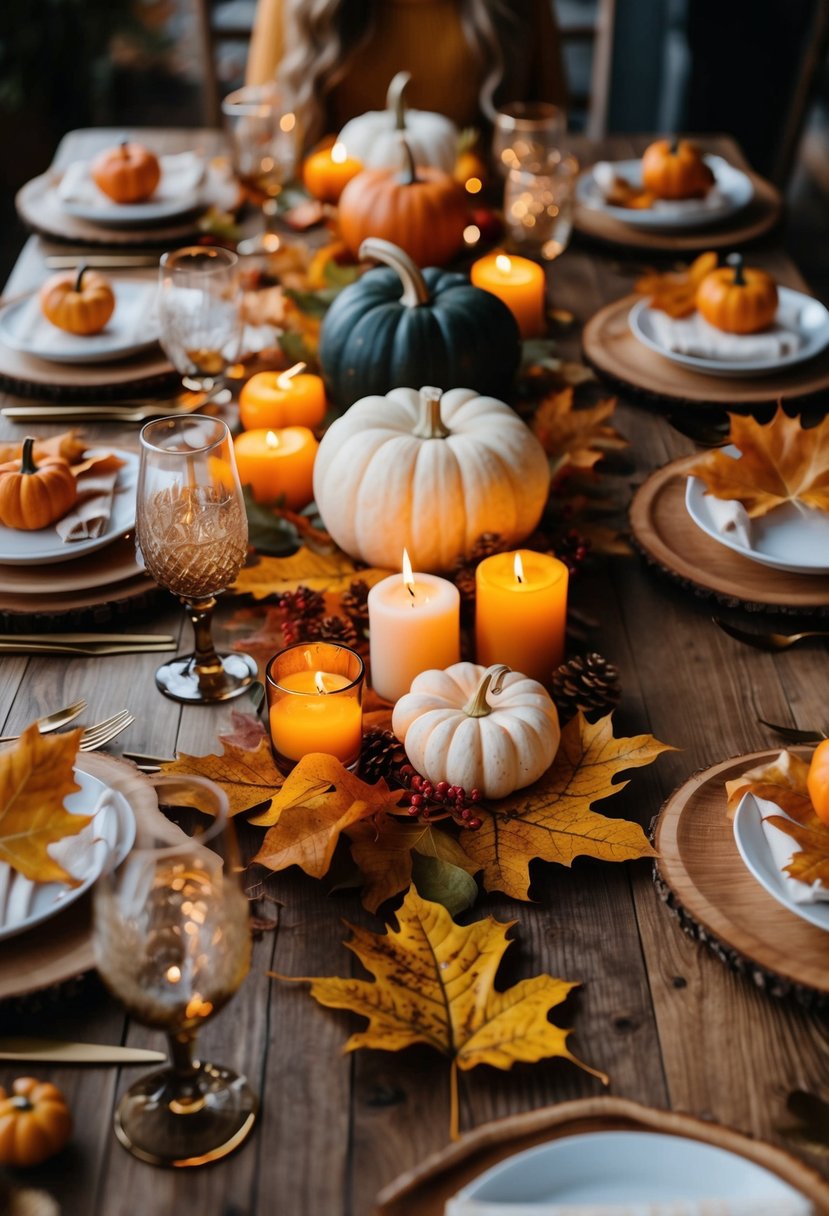 A wooden table adorned with autumn leaves, pumpkins, and candles, creating a rustic and cozy atmosphere for a fall-themed bachelorette party brunch