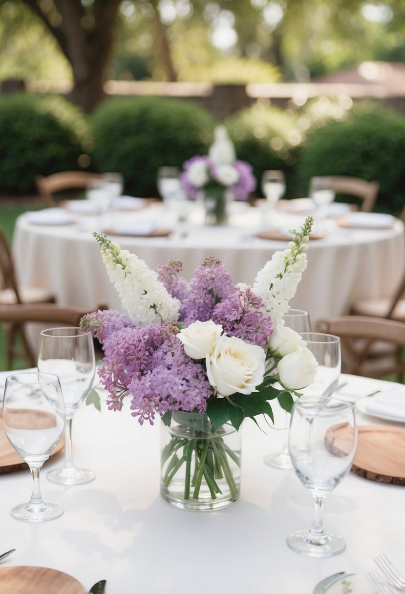 A simple wedding table set with lilac and white flowers