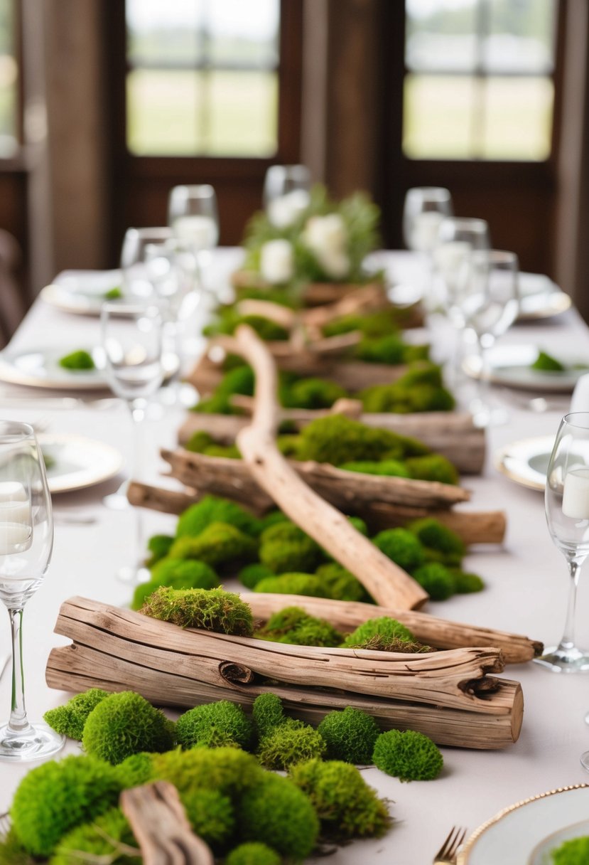 Driftwood centerpieces adorned with delicate moss create a dreamy wedding table setting