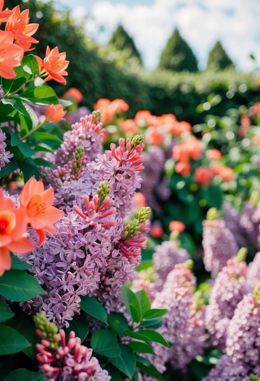 A lush lilac garden with vibrant pops of coral flowers