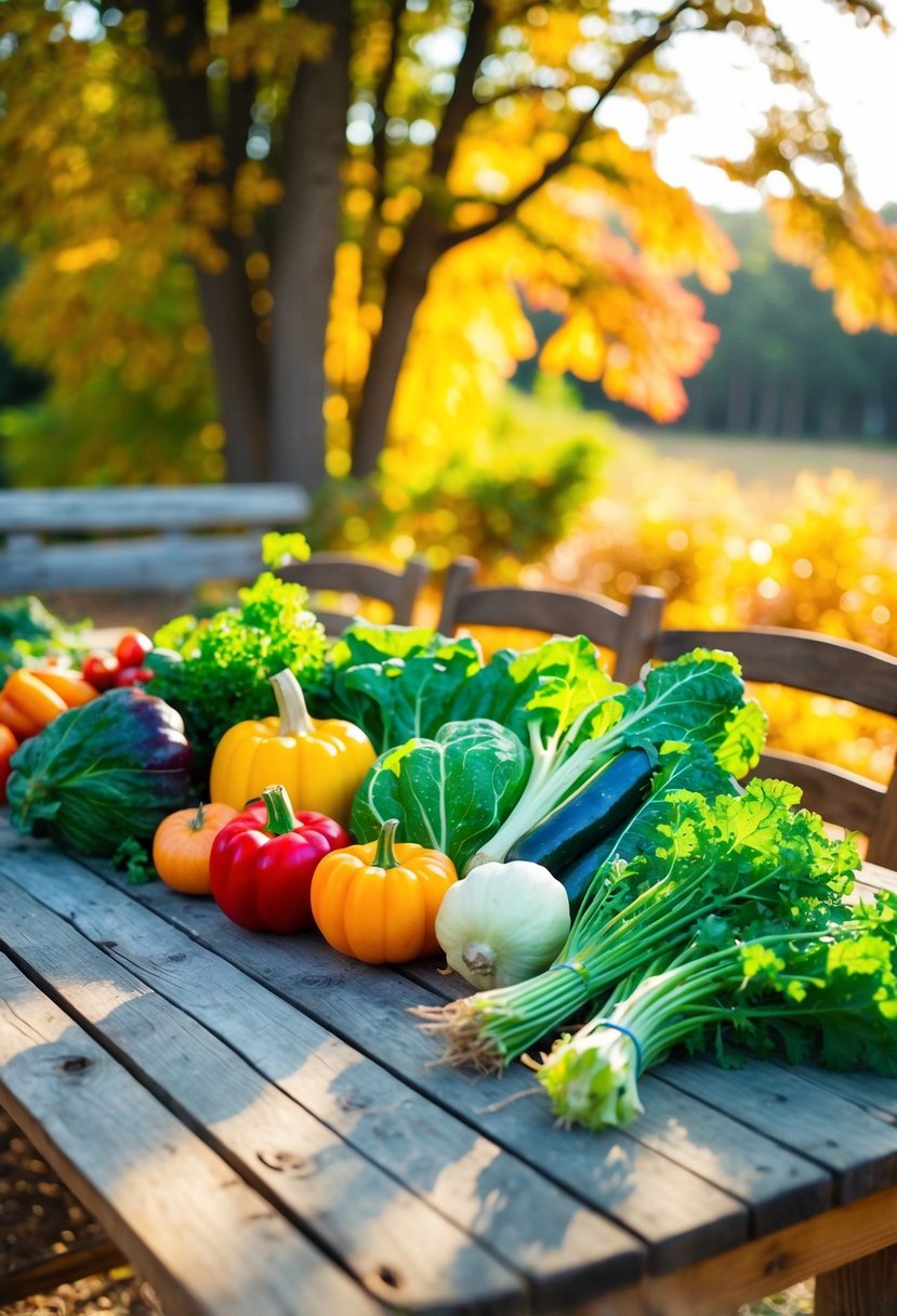 A rustic wooden table set with a colorful assortment of freshly harvested vegetables, surrounded by fall foliage and warm sunlight